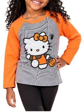 Hello Kitty Girls Size XS (4/5) Top Halloween Gray Orange Raglan Spooky Vibes